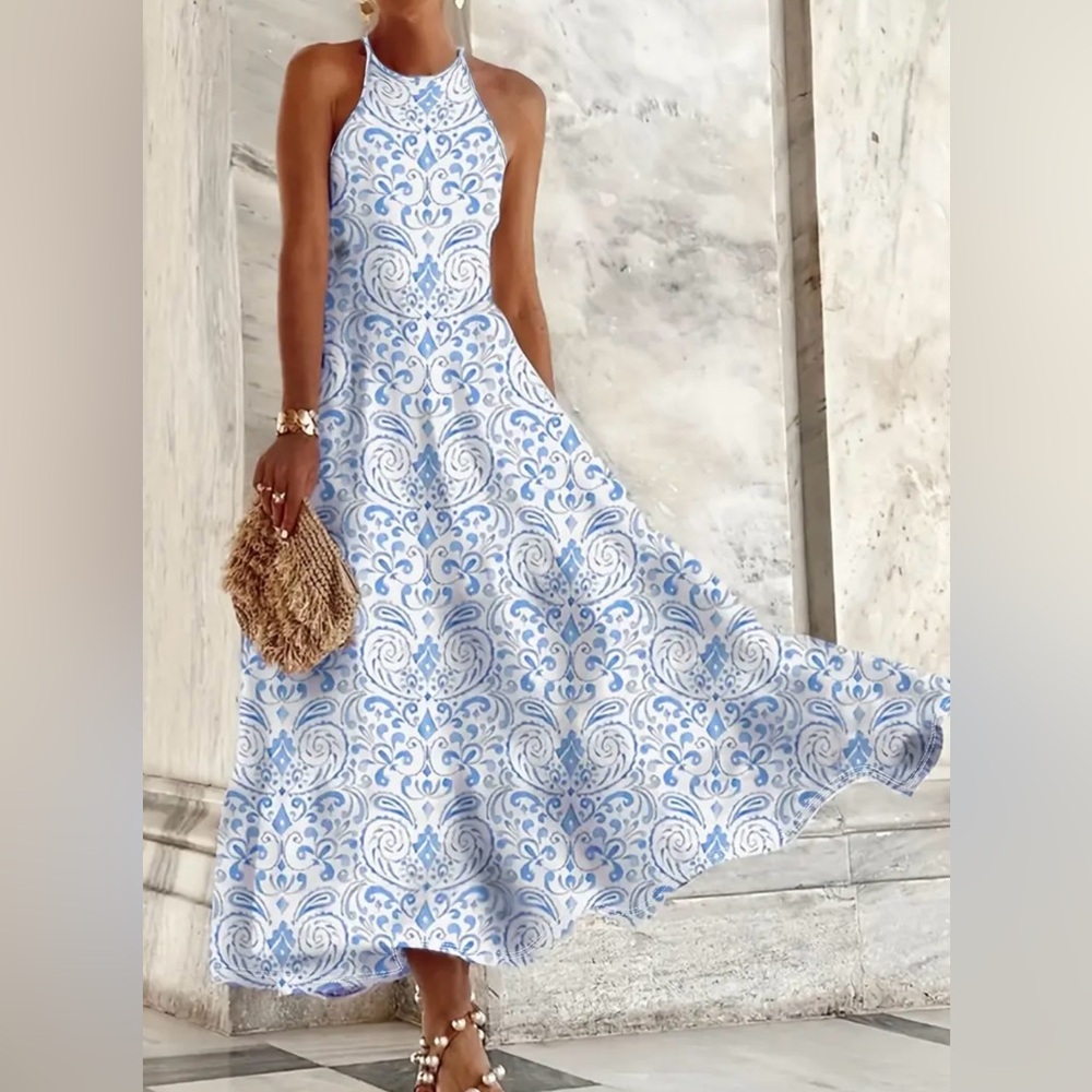 NEW Blue and White Tiered Halter Sundress